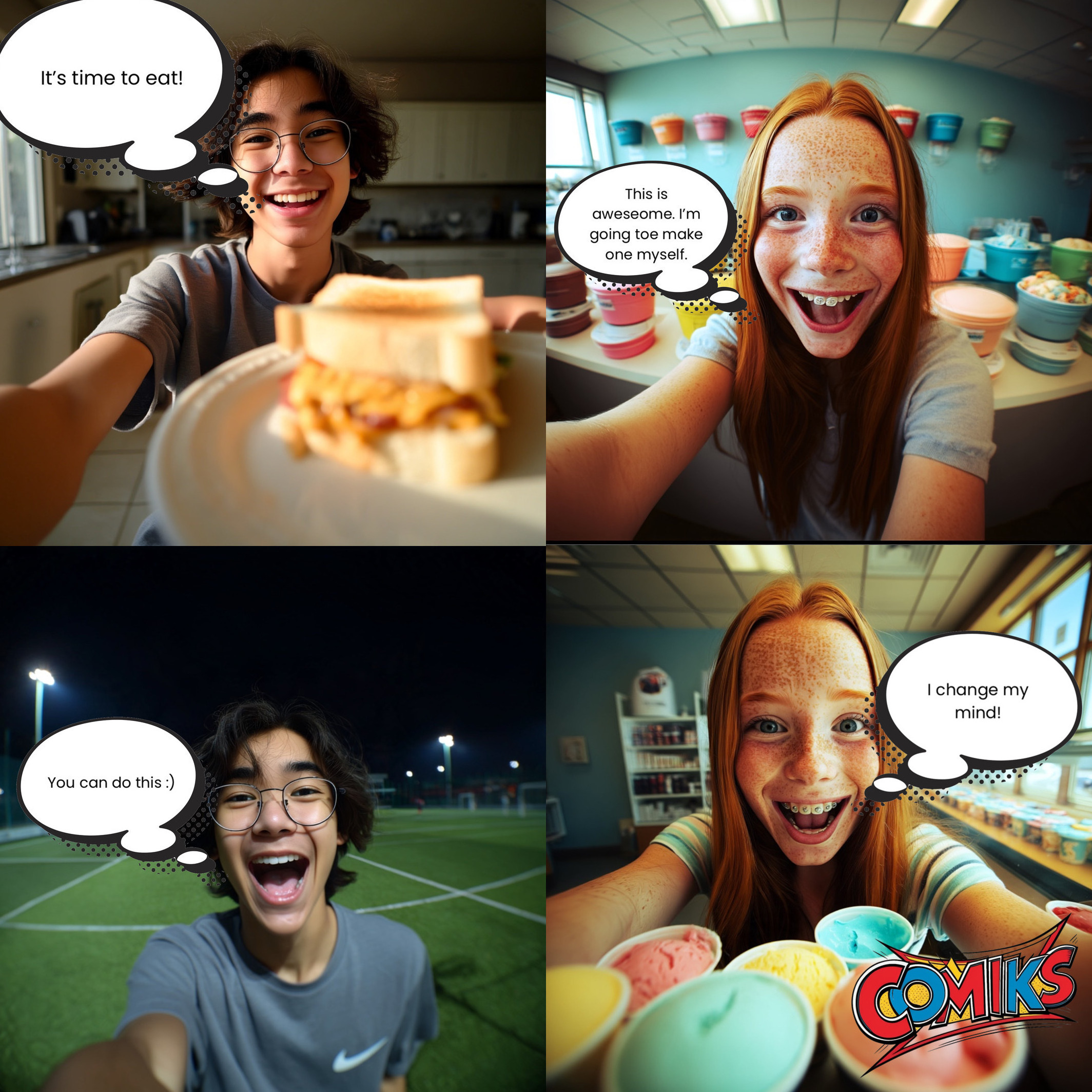 Ein Comic aus vier Bildern, abwechselnd von zwei Leuten gezeichnet: Eine Person hält ein Sandwich hoch und sagt „It’s time to eat!“, die andere antwortet in einer Eisdiele „This is awesome. I’m going to make one myself.“